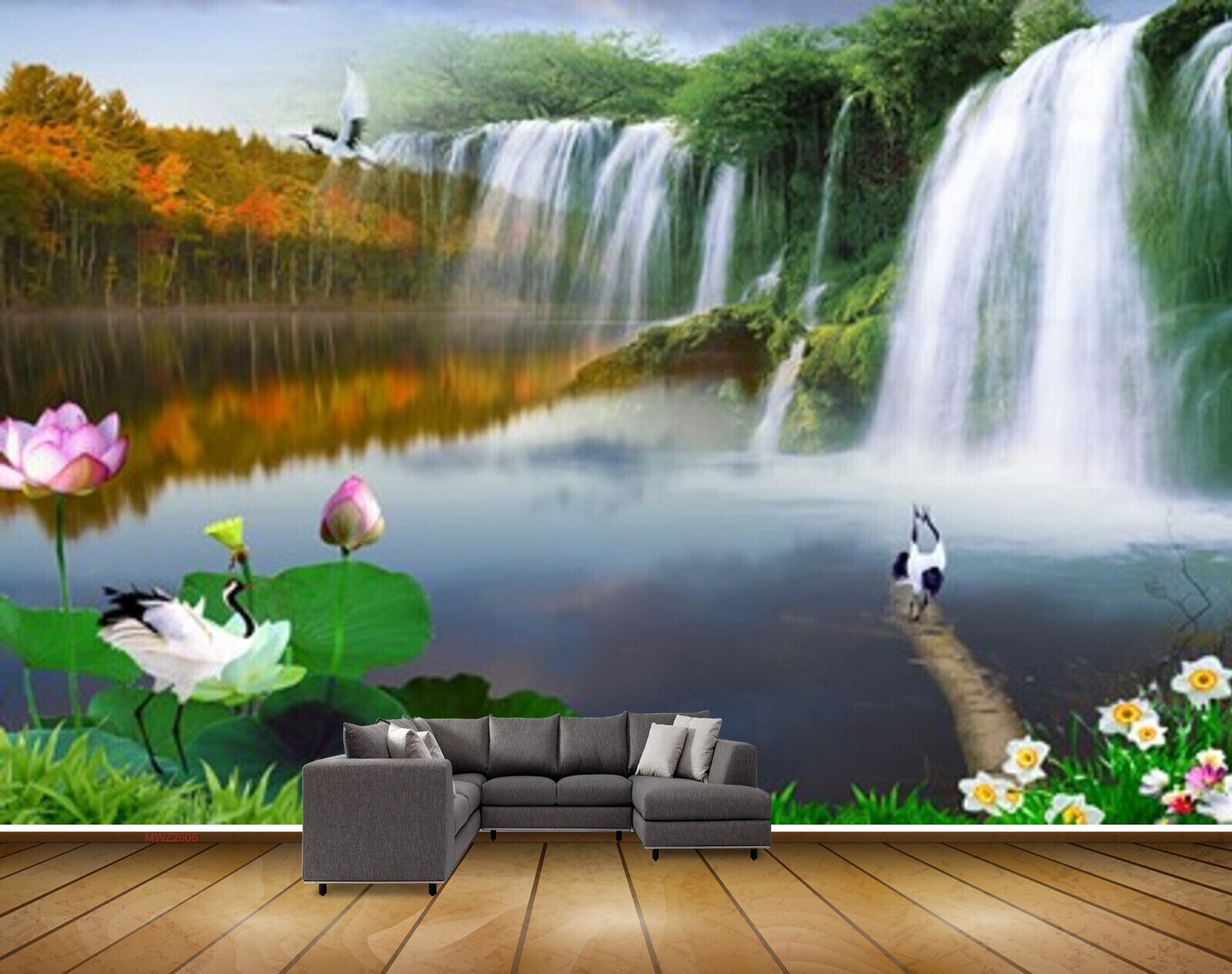 Avikalp MWZ2508 Waterfalls Birds Lotus Flowers Leaves Grass Pond River Lake Water HD Wallpaper