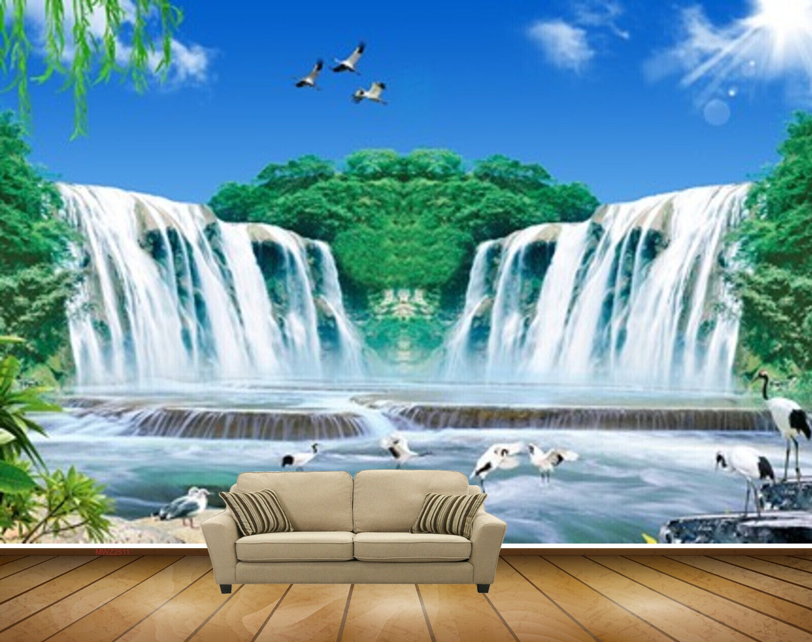 Avikalp MWZ2511 Waterfalls Trees Sun Cranes Birds Pond River Lake Water Leaves HD Wallpaper