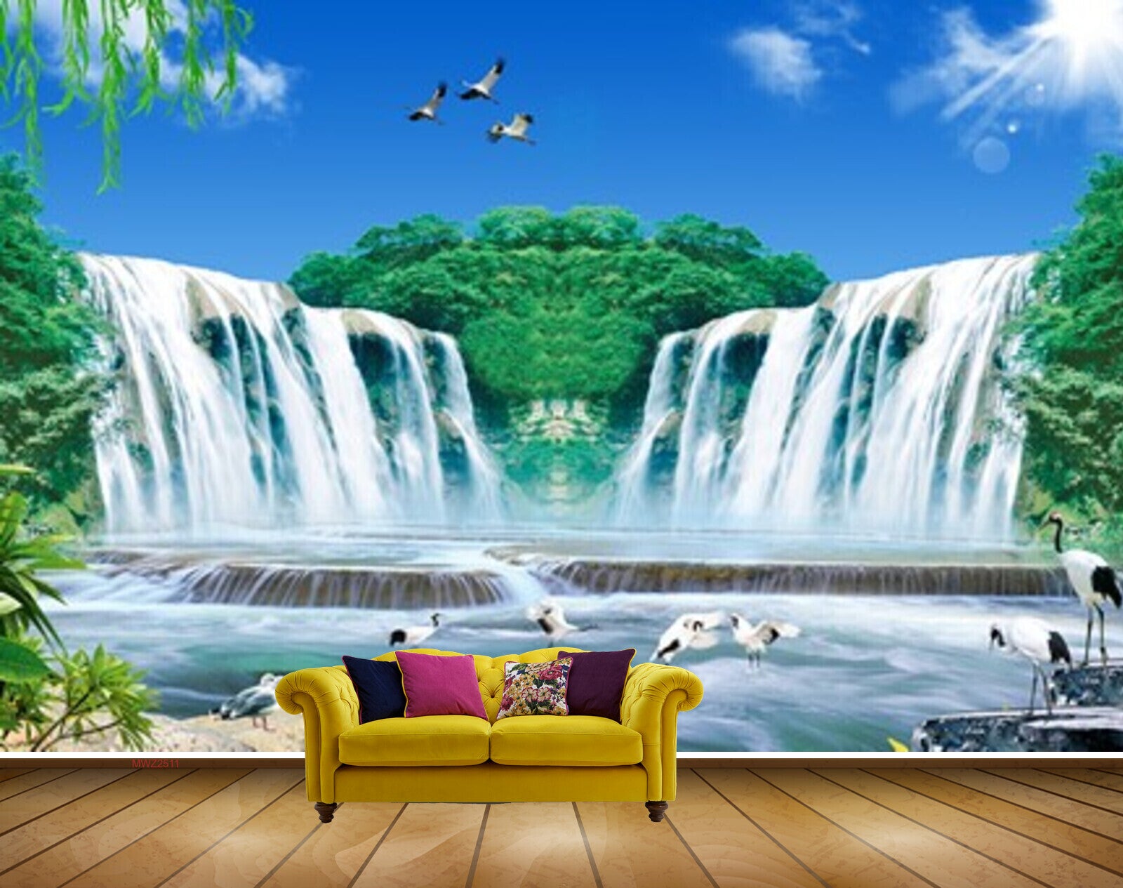 Avikalp MWZ2511 Waterfalls Trees Sun Cranes Birds Pond River Lake Water Leaves HD Wallpaper