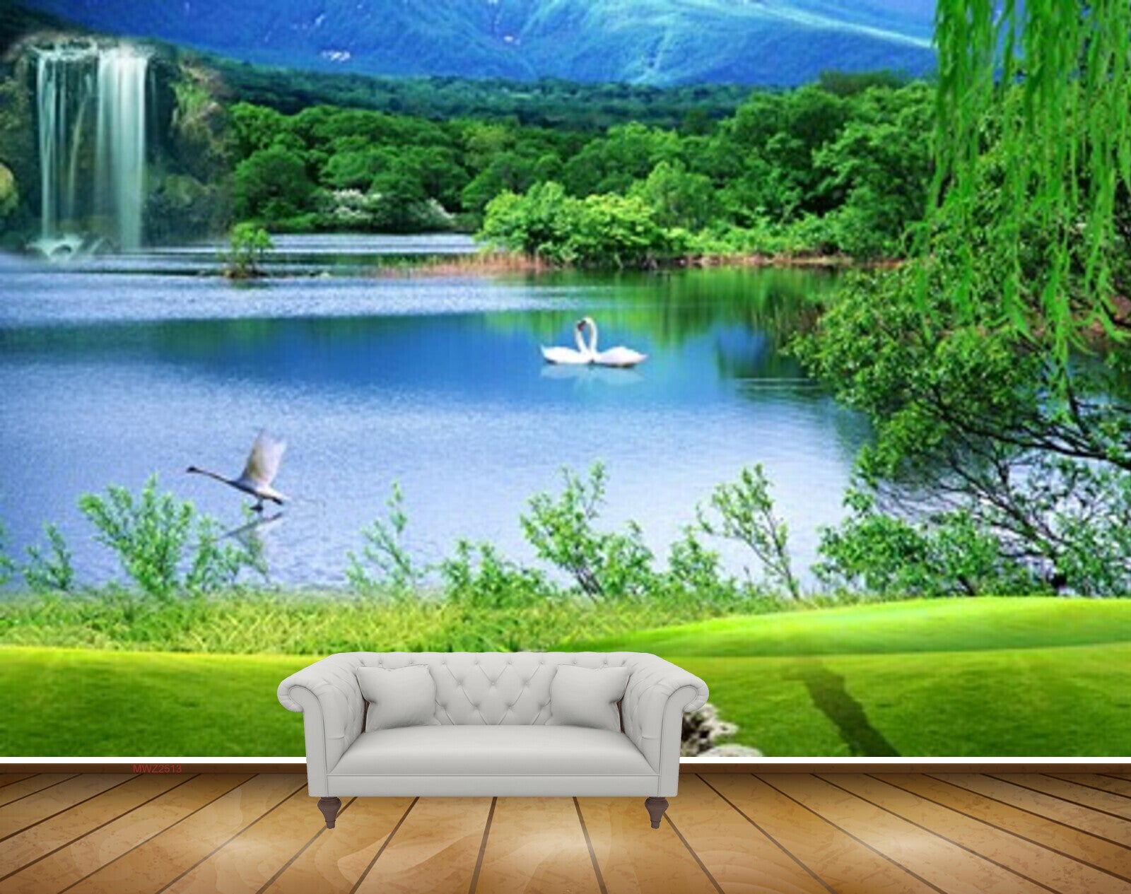 Avikalp MWZ2513 Pond River Lake Water Swans Trees Waterfalls Mountains Grass HD Wallpaper