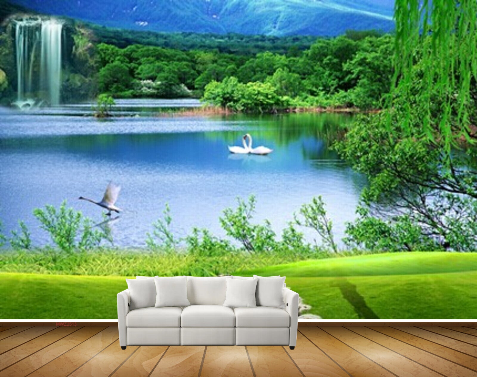 Avikalp MWZ2513 Pond River Lake Water Swans Trees Waterfalls Mountains Grass HD Wallpaper