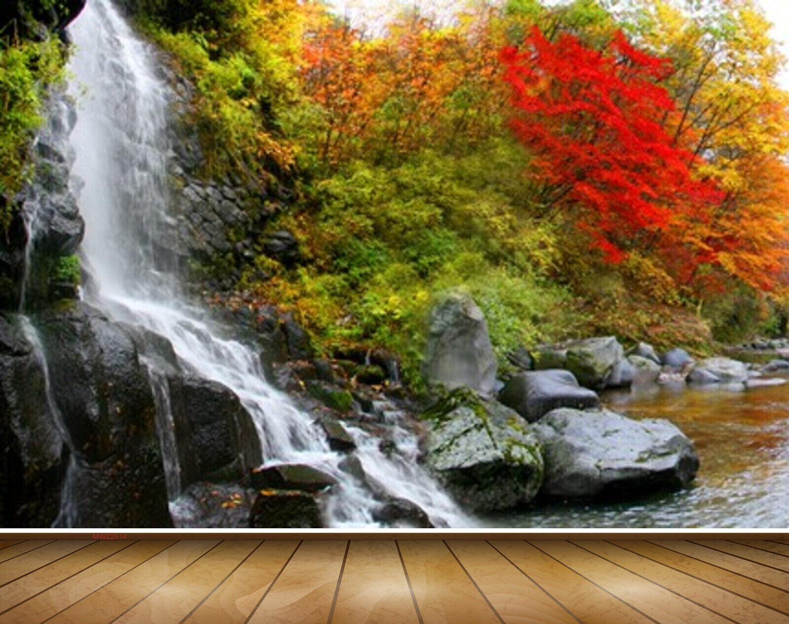 Avikalp MWZ2514 Waterfalls Trees Orange Red Green Leaves Stones Pond River Lake Water HD Wallpaper