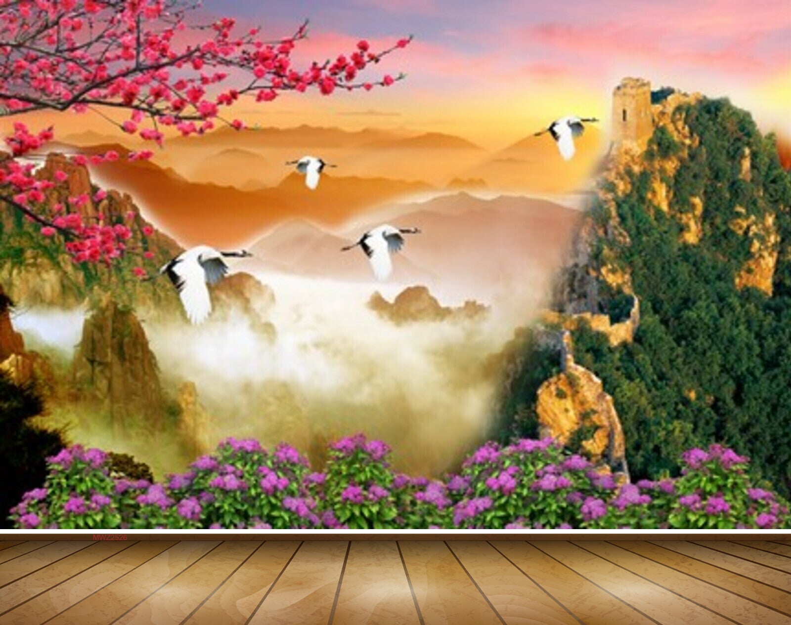 Avikalp MWZ2526 Mountains Trees Birds Pink Red Flowers Clouds HD Wallpaper