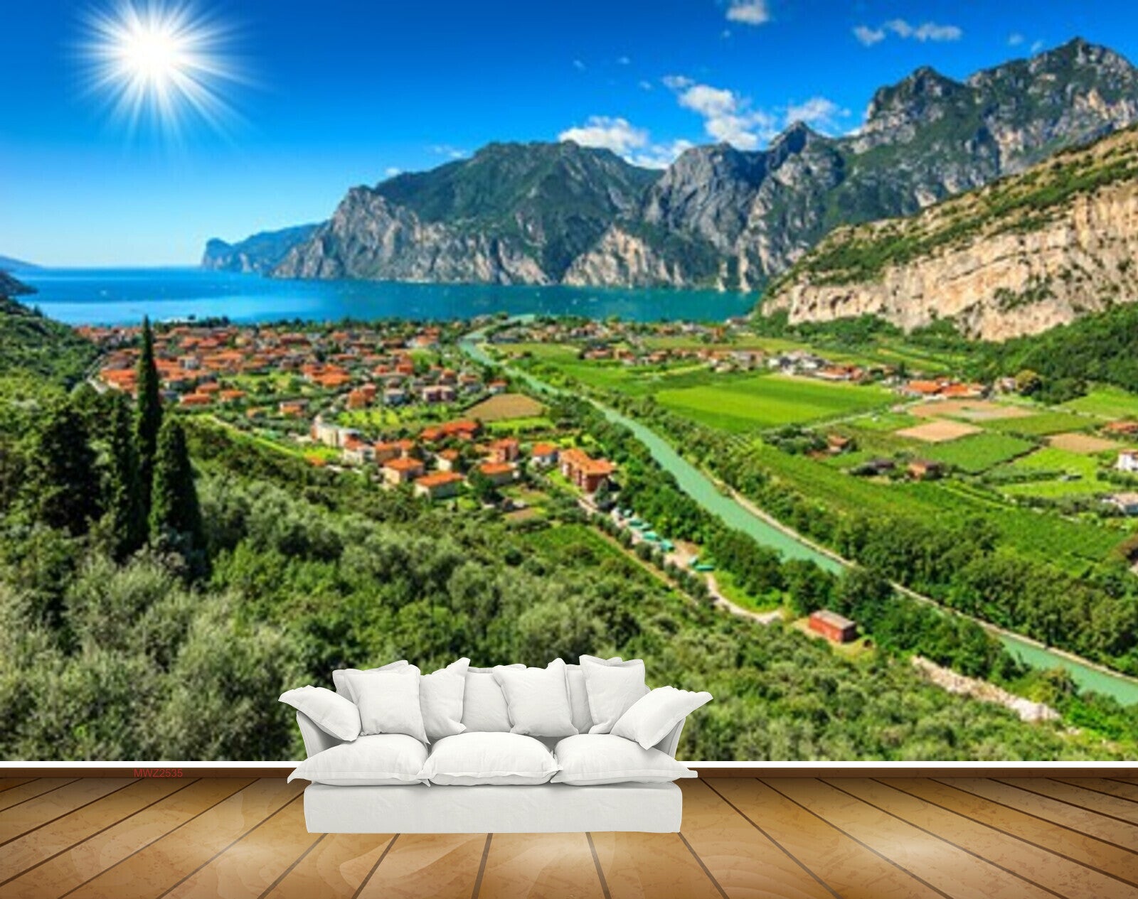 Avikalp MWZ2535 Sun Mountains Trees Houses River Clouds Water HD Wallpaper