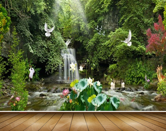 Avikalp MWZ2552 Waterfalls Trees Birds Flowers Plants Mountains Cranes Duck Birds Forest Deers Pond River Lake Water HD Wallpaper