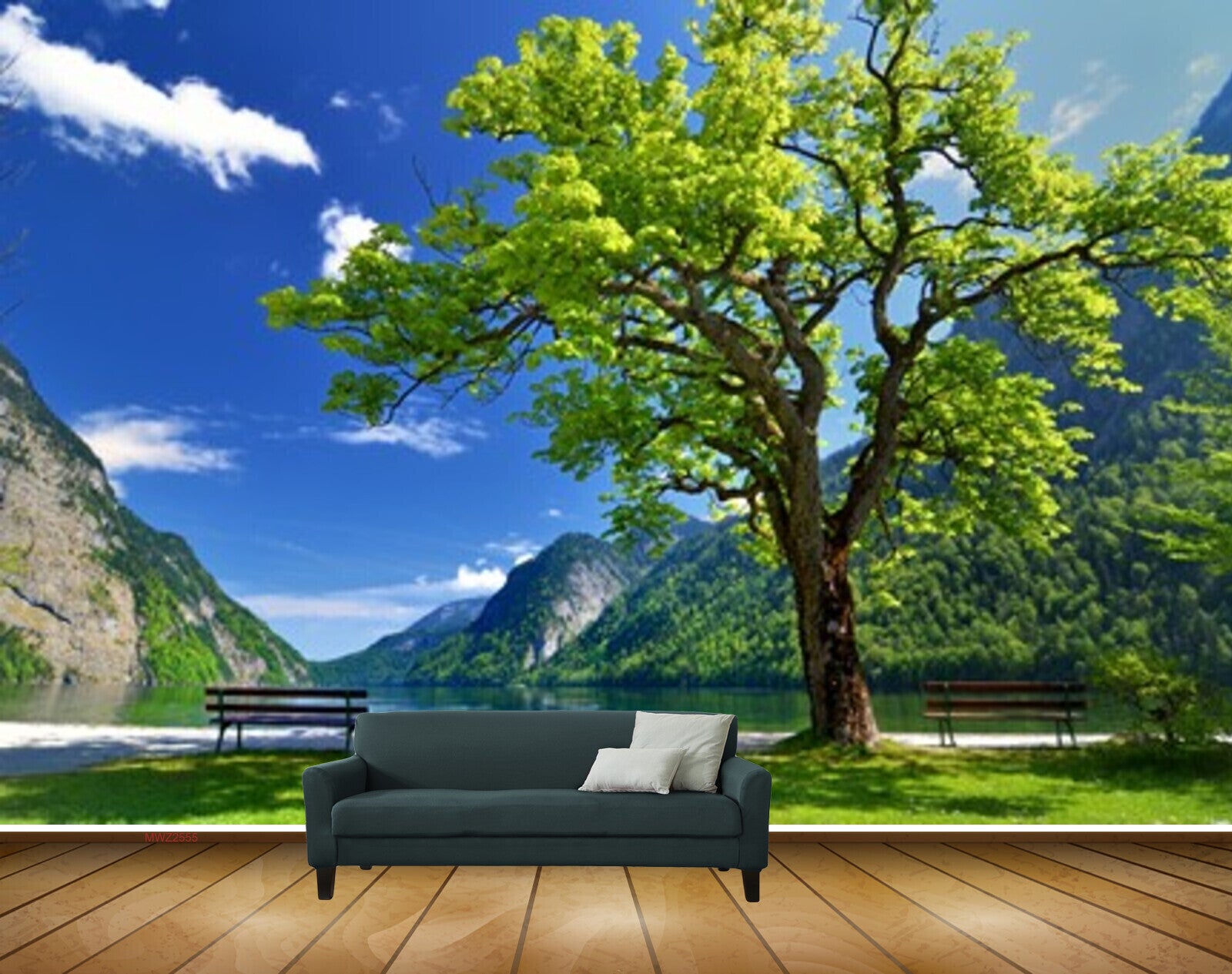 Avikalp MWZ2555 Clouds Trees Chair Mountains Bench Pond River Lake Water Grass HD Wallpaper