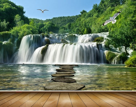 Avikalp MWZ2562 Waterfalls Birds Tree Pond Lake River Water Stones Forest HD Wallpaper