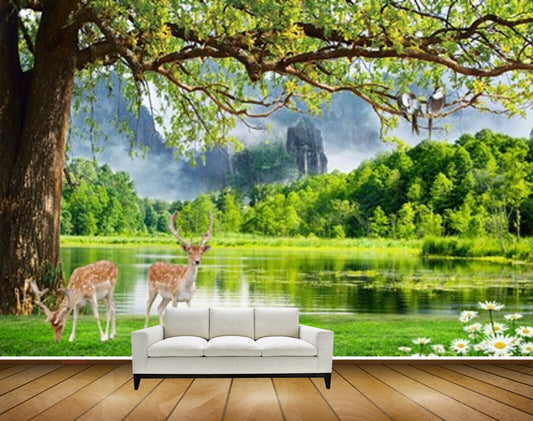 Avikalp MWZ2563 Trees Pond River Lake Water Deers Mountains Grass Flowers Forest HD Wallpaper