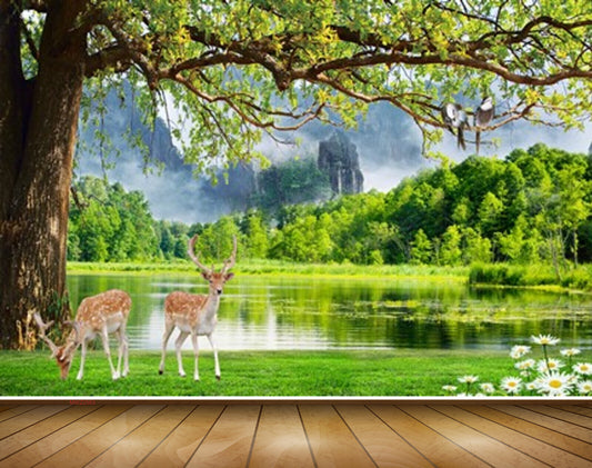 Avikalp MWZ2563 Trees Pond River Lake Water Deers Mountains Grass Flowers Forest HD Wallpaper