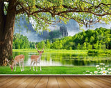 Avikalp MWZ2563 Trees Pond River Lake Water Deers Mountains Grass Flowers Forest HD Wallpaper