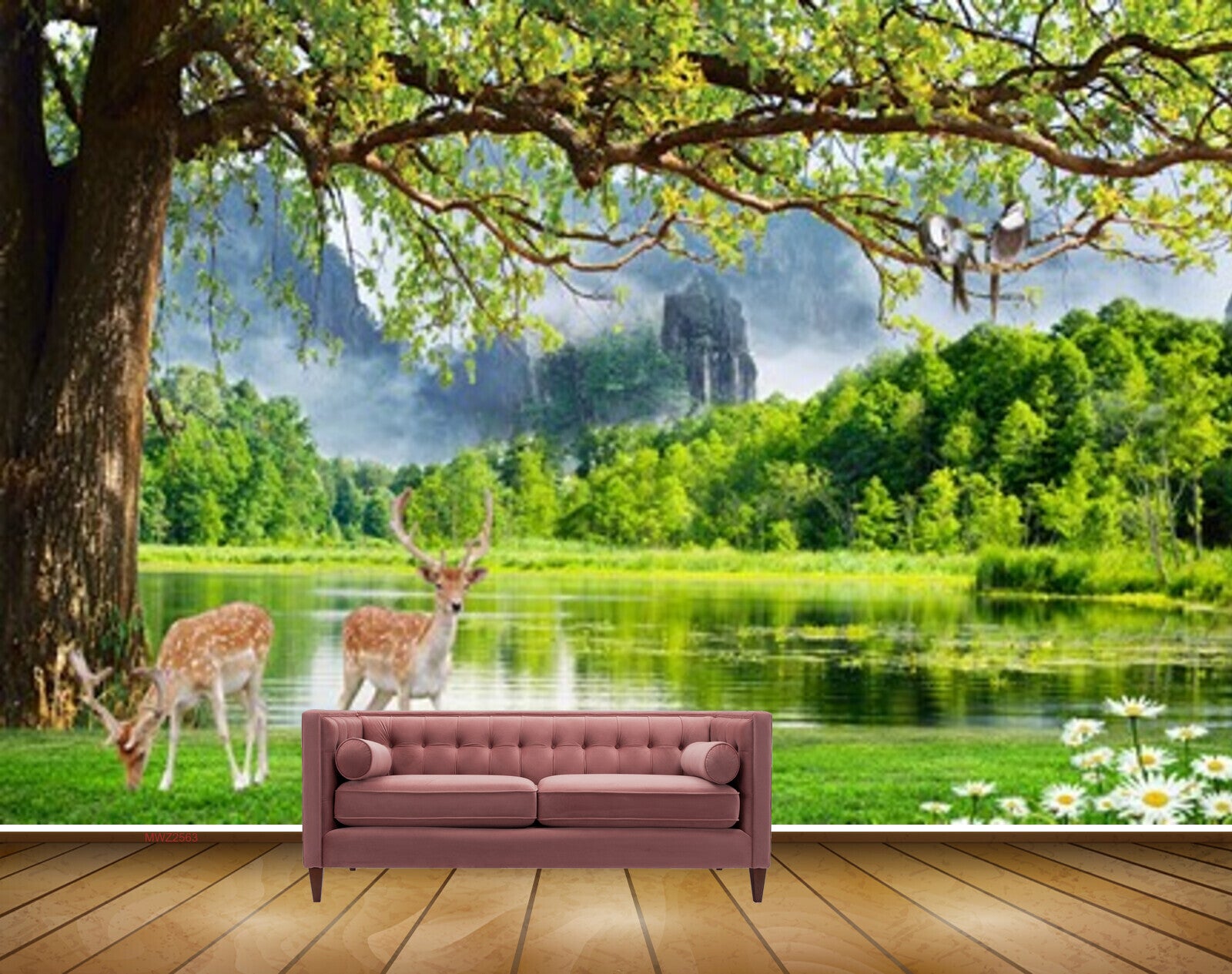Avikalp MWZ2563 Trees Pond River Lake Water Deers Mountains Grass Flowers Forest HD Wallpaper