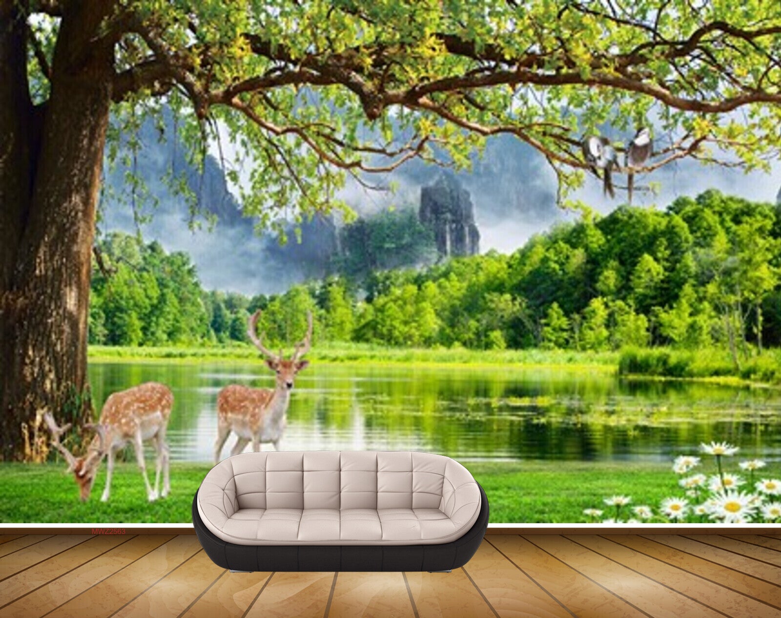 Avikalp MWZ2563 Trees Pond River Lake Water Deers Mountains Grass Flowers Forest HD Wallpaper