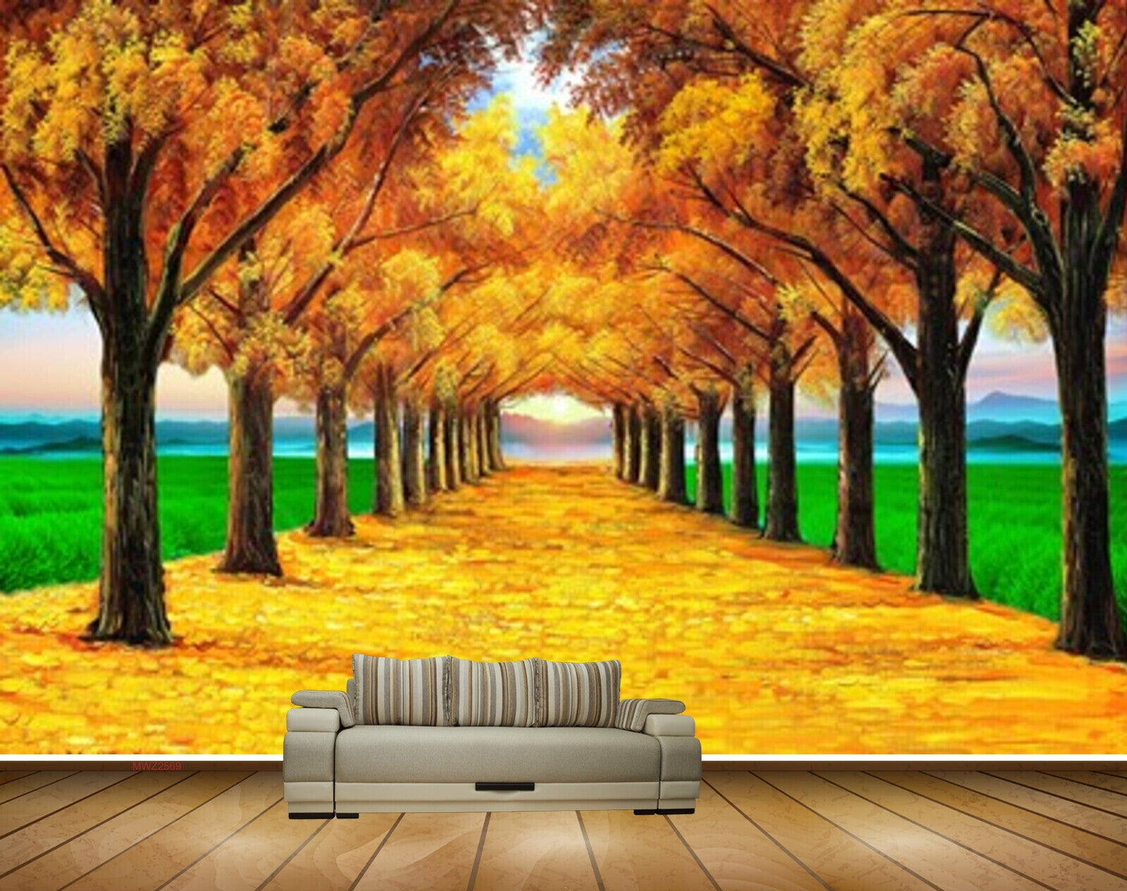 Avikalp MWZ2569 Orange Leaves Trees Grass Street Road Autumn HD Wallpaper