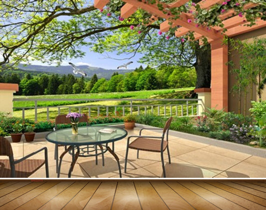 Avikalp MWZ2570 Trees Birds Table Chair House Mountains Plants HD Wallpaper