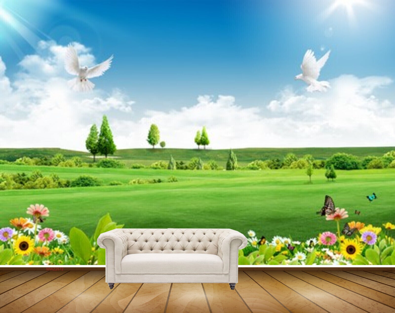 Avikalp MWZ2572 Trees Birds Flowers Clouds Butterflies Grass Plants Sun HD Wallpaper
