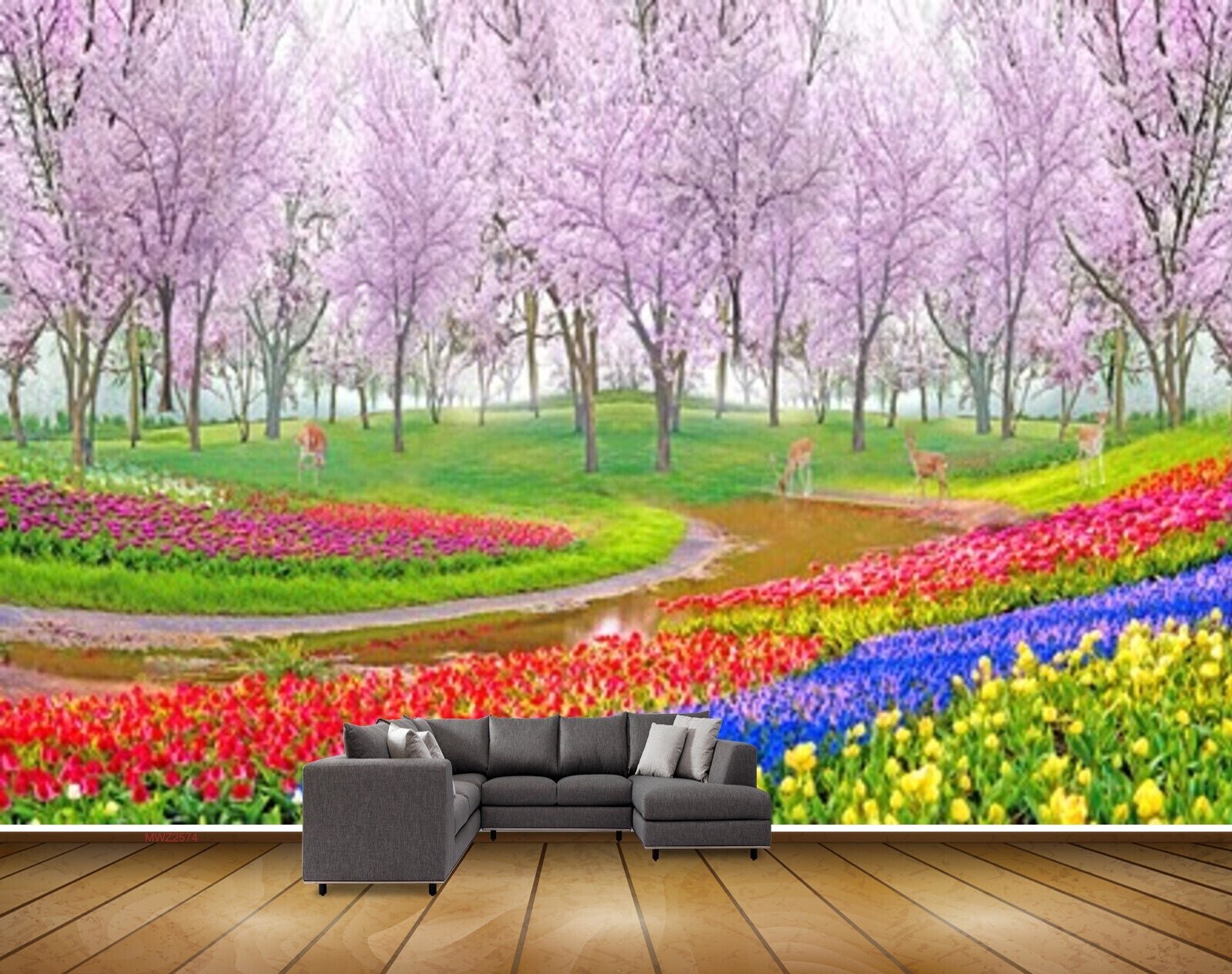 Avikalp MWZ2574 Purple Red Pink Flowers Trees Deers Garden HD Wallpaper