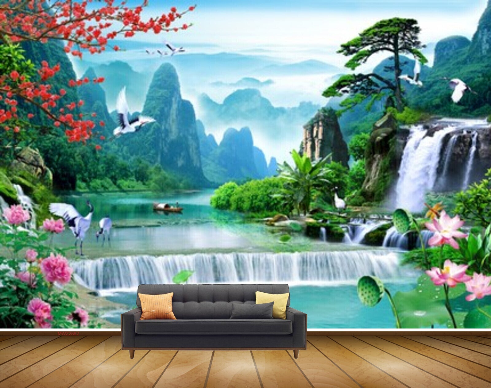 Avikalp MWZ2582 Mountains Waterfalls Flowers Cranes Boat Plants Clouds River Pond Leaves HD Wallpaper
