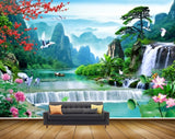 Avikalp MWZ2582 Mountains Waterfalls Flowers Cranes Boat Plants Clouds River Pond Leaves HD Wallpaper