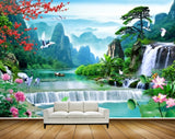 Avikalp MWZ2582 Mountains Waterfalls Flowers Cranes Boat Plants Clouds River Pond Leaves HD Wallpaper