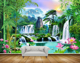 Avikalp MWZ2585 Waterfalls Sun Birds Pink Flowers Cranes Bamboo Trees River Pond Water Mountains Plants Stones Duck HD Wallpaper