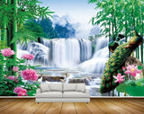 Avikalp MWZ2586 Waterfalls River Pond Bamboo Trees Pink Flowers Cranes Water Plants Mountains HD Wallpaper