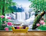 Avikalp MWZ2586 Waterfalls River Pond Bamboo Trees Pink Flowers Cranes Water Plants Mountains HD Wallpaper