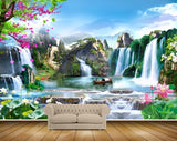 Avikalp MWZ2589 Mountains Waterfalls Pink Flowers Trees Cranes Boat Plants Clouds Pond River HD Wallpaper