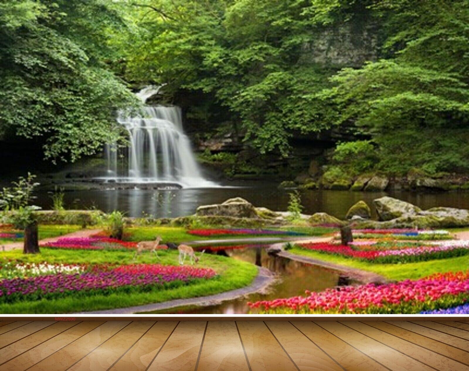 Avikalp MWZ2590 Waterfalls Trees Flowers Deers Grass Garden Pond River Stones HD Wallpaper