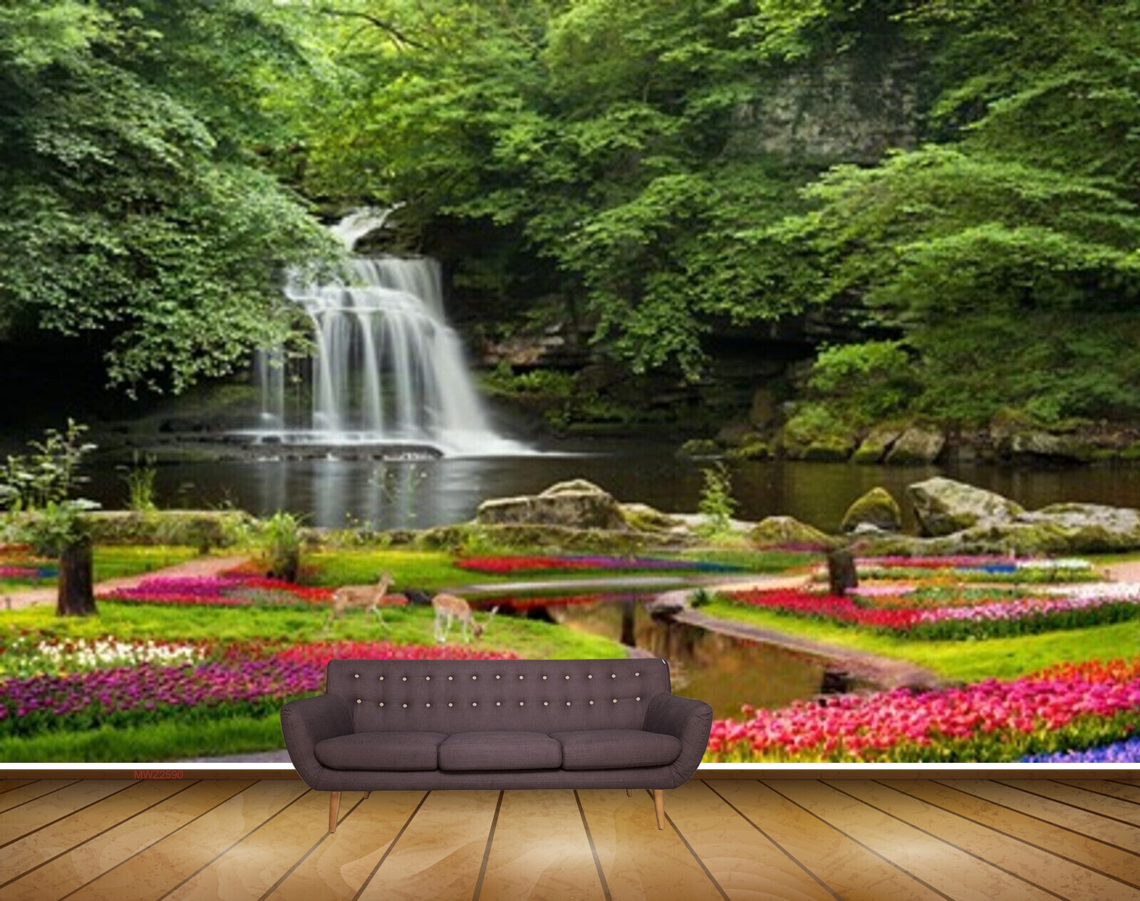 Avikalp MWZ2590 Waterfalls Trees Flowers Deers Grass Garden Pond River Stones HD Wallpaper