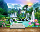 Avikalp MWZ2591 Waterfalls Sun Birds Pink Flowers Cranes Bamboo Trees River Pond Water Mountains Plants Stones Duck HD Wallpaper