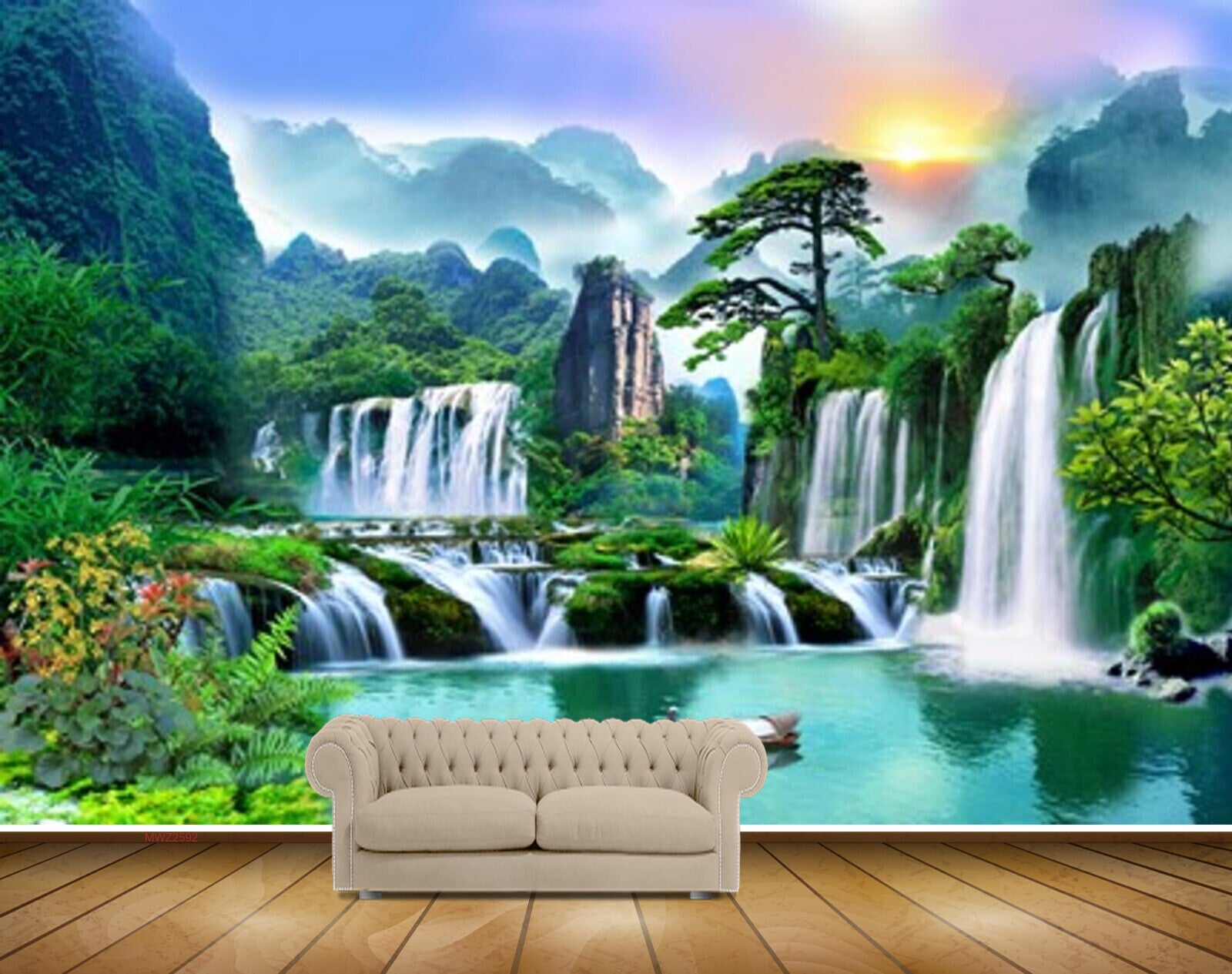 Avikalp MWZ2592 Sun Mountains Waterfalls Flowers River Pond Water Trees Plants Boat Duck HD Wallpaper