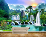Avikalp MWZ2592 Sun Mountains Waterfalls Flowers River Pond Water Trees Plants Boat Duck HD Wallpaper