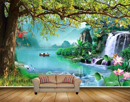Avikalp MWZ2593 Mountains Trees River Pond Boat Waterfalls Pink Lotus Flowers Plants Water HD Wallpaper