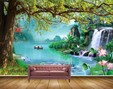 Avikalp MWZ2593 Mountains Trees River Pond Boat Waterfalls Pink Lotus Flowers Plants Water HD Wallpaper