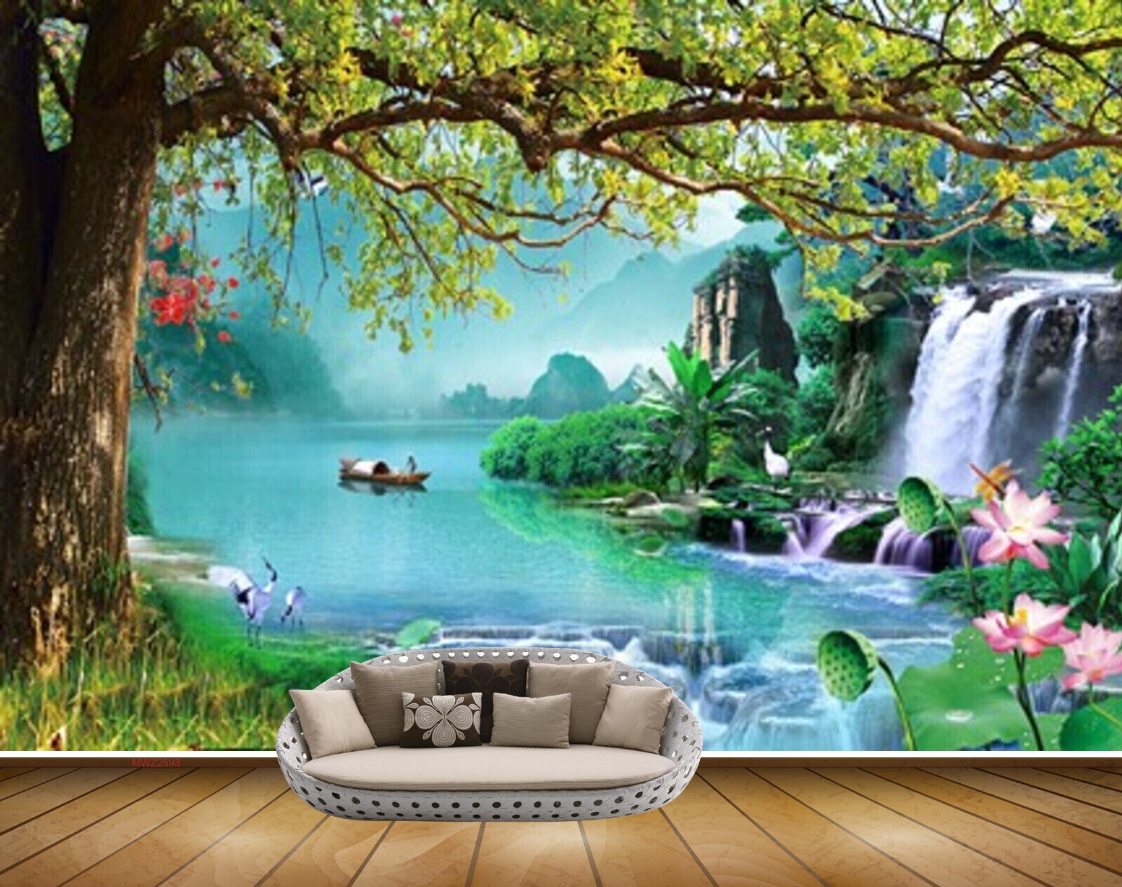 Avikalp MWZ2593 Mountains Trees River Pond Boat Waterfalls Pink Lotus Flowers Plants Water HD Wallpaper