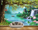 Avikalp MWZ2593 Mountains Trees River Pond Boat Waterfalls Pink Lotus Flowers Plants Water HD Wallpaper