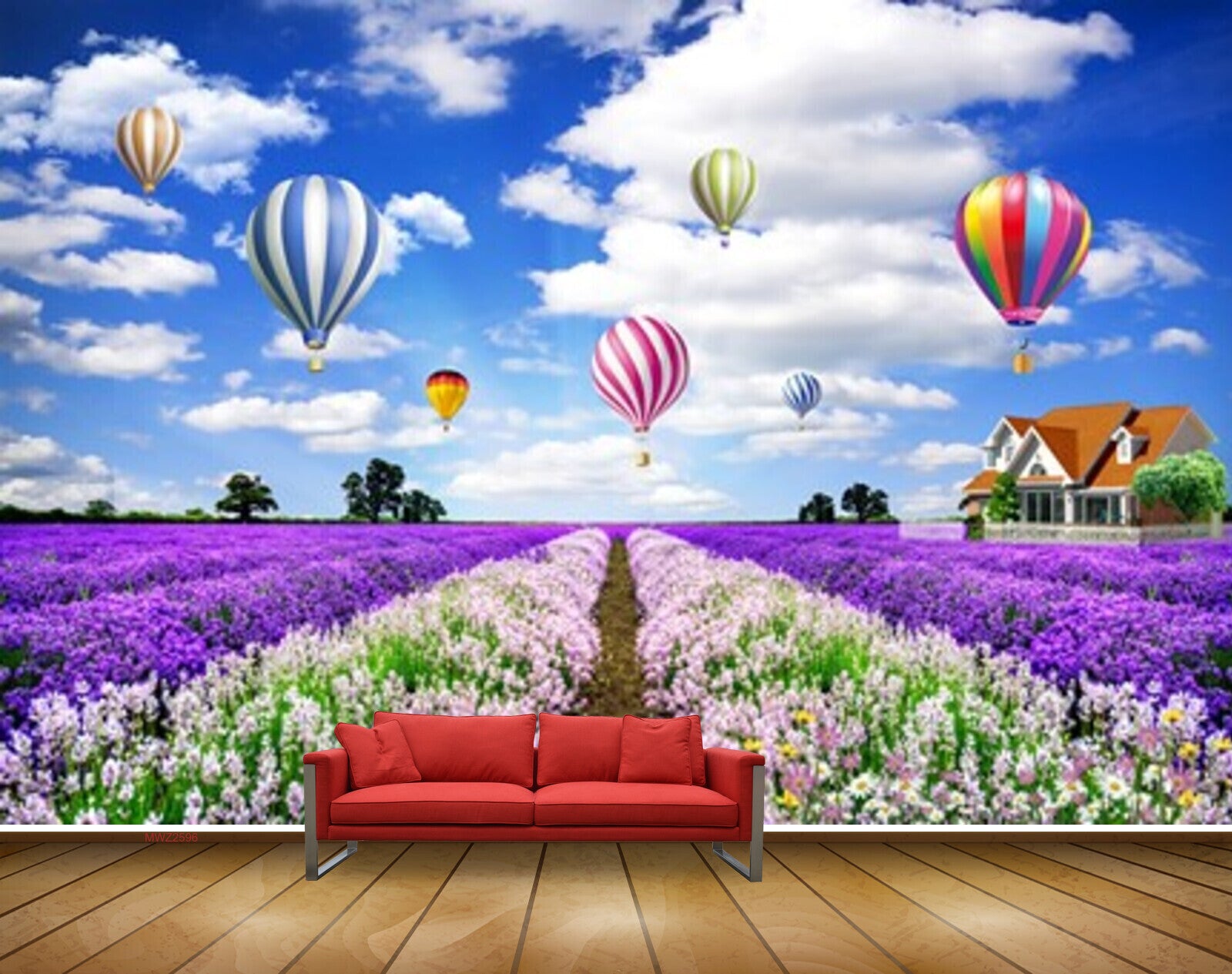 Avikalp MWZ2596 Clouds Air Ballon Purple White Flowers Houses Trees HD Wallpaper