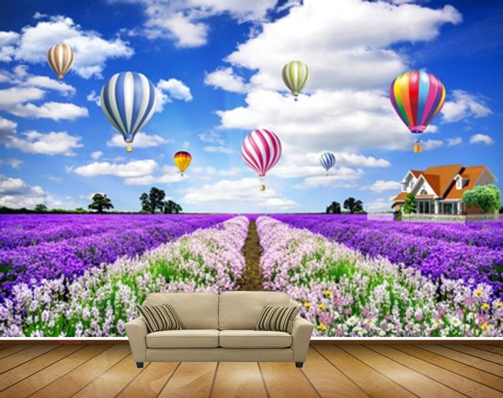 Avikalp MWZ2596 Clouds Air Ballon Purple White Flowers Houses Trees HD Wallpaper