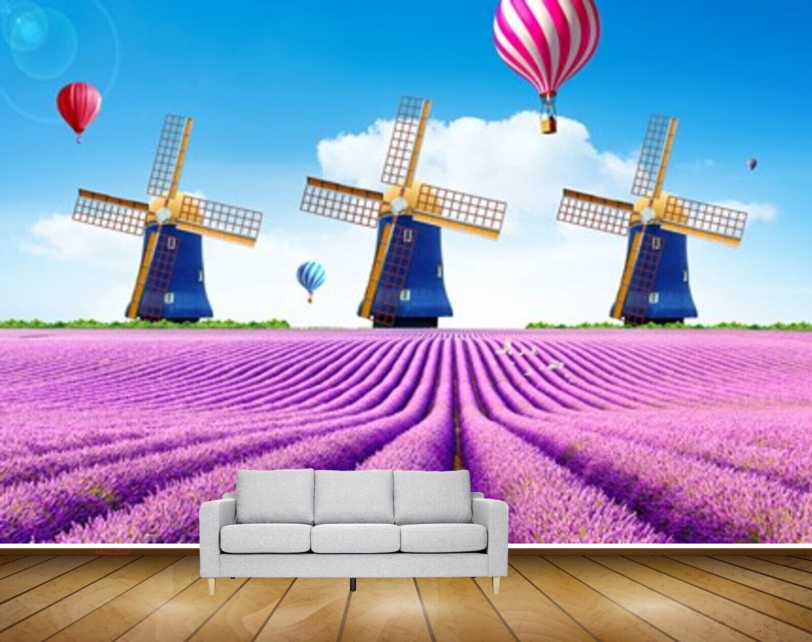 Avikalp MWZ2597 Purple Flowers Plants Air Ballon Windmill Clouds Birds HD Wallpaper