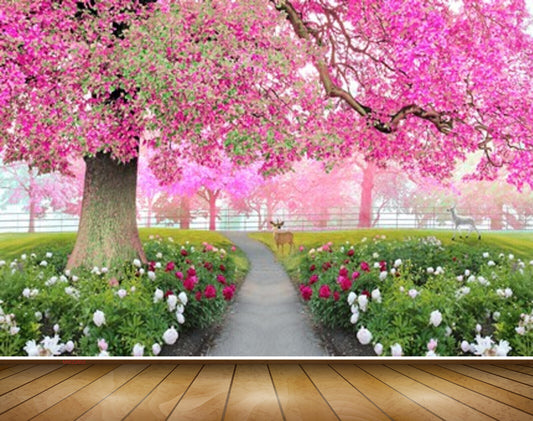 Avikalp MWZ2602 Trees Pink Red White Flowers Plants Park Vellay Garden Deers HD Wallpaper