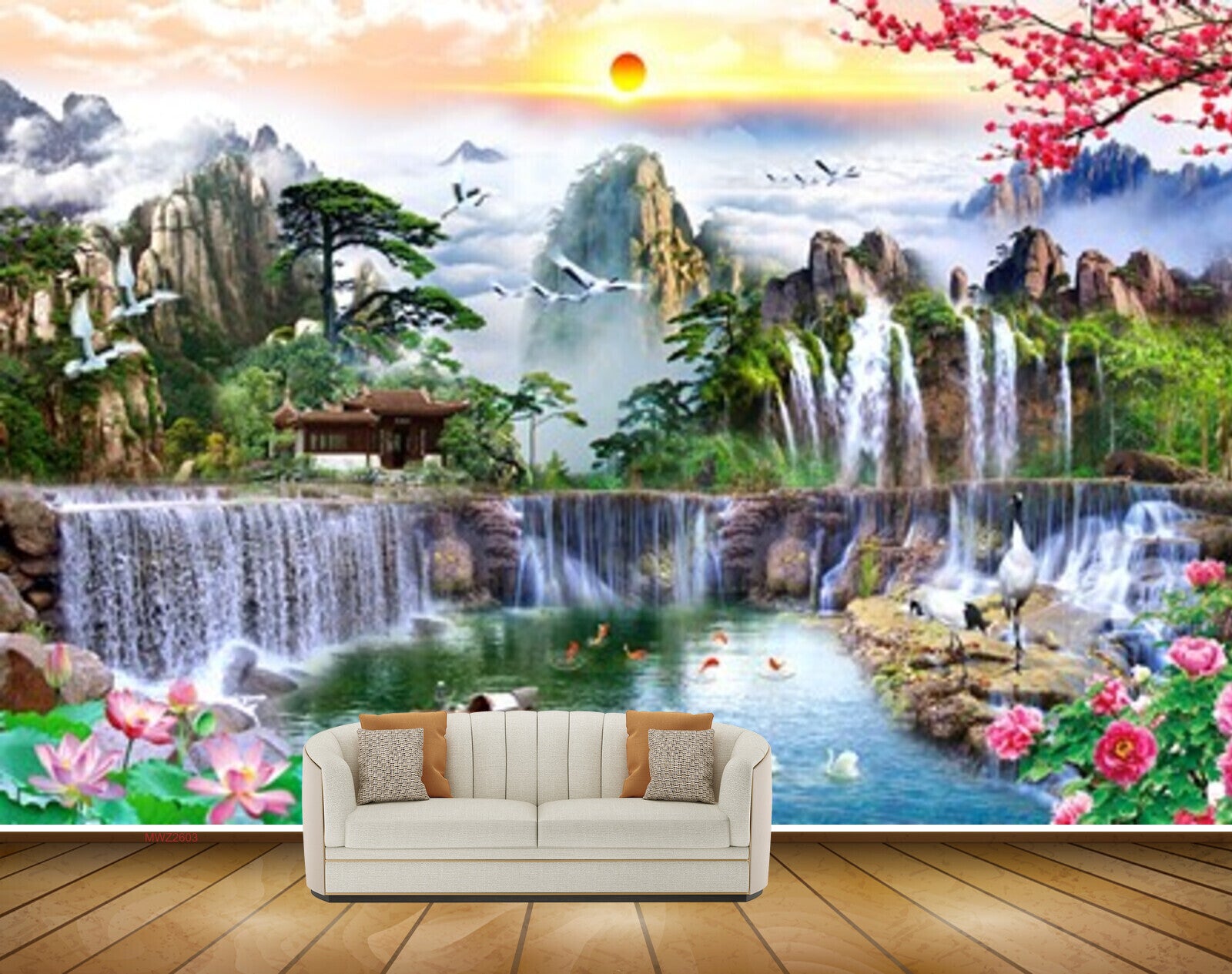 Avikalp MWZ2603 Sun Clouds Mountains Birds Waterfalls  House Flowers Trees Stones Lotus Boat Plants Pond River Water Fishes Duck Cranes HD Wallpaper