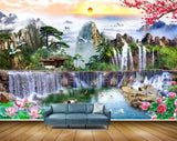 Avikalp MWZ2603 Sun Clouds Mountains Birds Waterfalls  House Flowers Trees Stones Lotus Boat Plants Pond River Water Fishes Duck Cranes HD Wallpaper