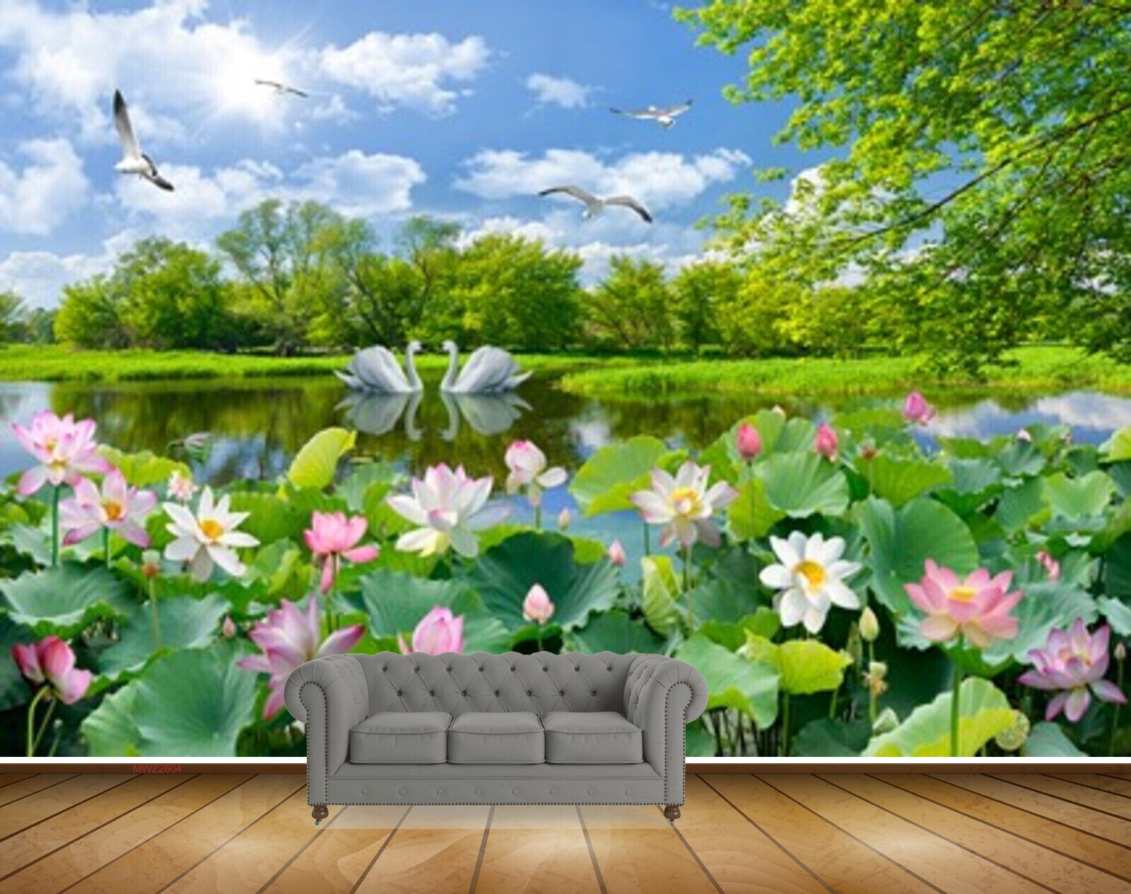 Avikalp MWZ2604 Swans White Pink Lotus Flowers Trees Plants River Lake Water Grass Sun Grass Cranes HD Wallpaper