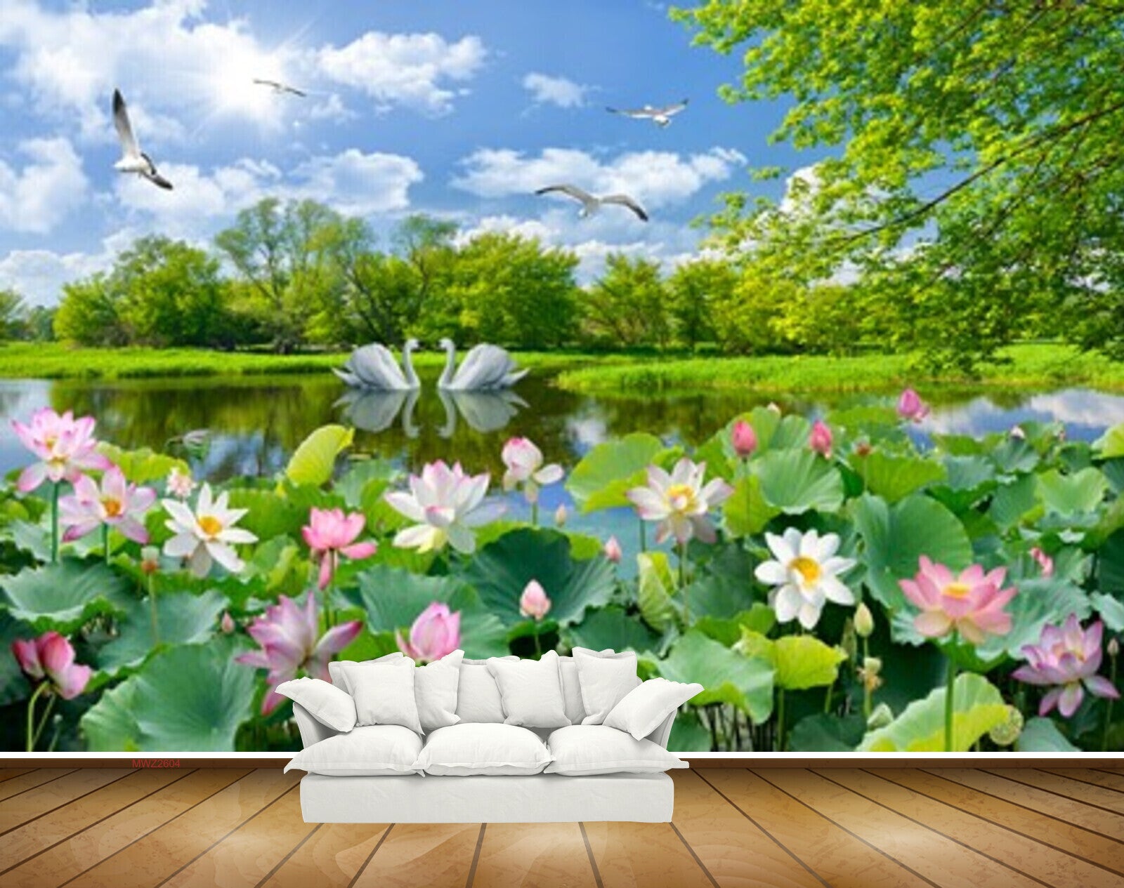 Avikalp MWZ2604 Swans White Pink Lotus Flowers Trees Plants River Lake Water Grass Sun Grass Cranes HD Wallpaper