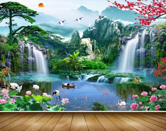 Avikalp MWZ2605 Sun Birds Waterfalls Cranes Flowers Trees Mountains River Pond Deers Duck Cranes Boat Flowers Plants Fishes HD Wallpaper