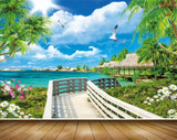 Avikalp MWZ2608 Sun Clouds Trees Huts Birds Flowers Bridge Wooden Garden Sea River Water HD Wallpaper