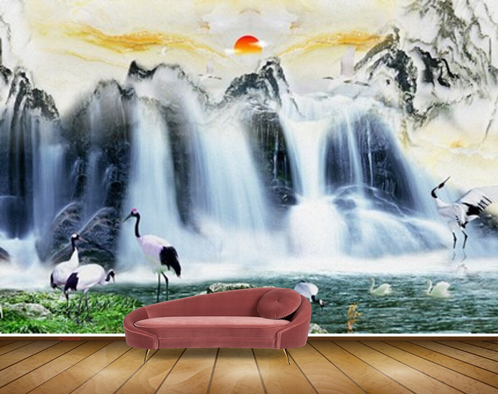 Avikalp MWZ2609 Sun Mountains Cranes Stones Flowers Waterfalls Pond River Water Duck Grass Plants HD Wallpaper