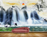 Avikalp MWZ2609 Sun Mountains Cranes Stones Flowers Waterfalls Pond River Water Duck Grass Plants HD Wallpaper