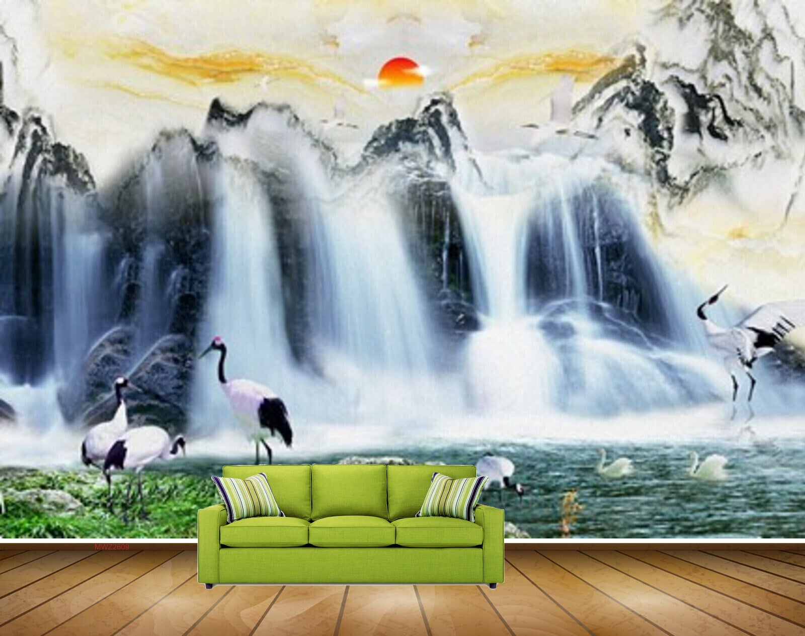 Avikalp MWZ2609 Sun Mountains Cranes Stones Flowers Waterfalls Pond River Water Duck Grass Plants HD Wallpaper