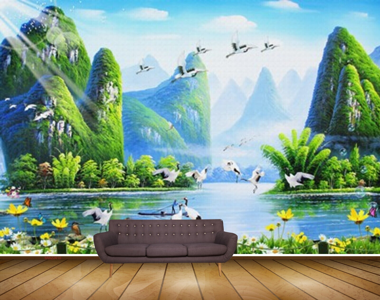 Avikalp MWZ2610 Mountains Birds River Lake Water Trees Cranes Flowers Plants Clouds Butterfly Boat HD Wallpaper